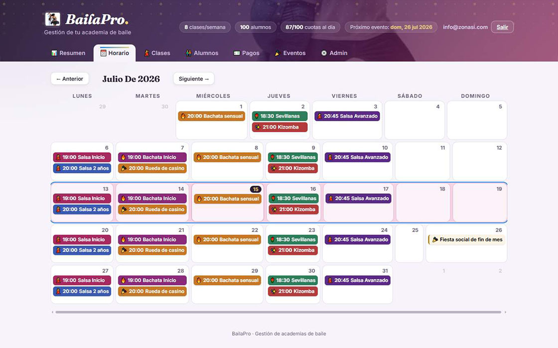 Calendario mensual de horario en BailaPro con las clases de cada día