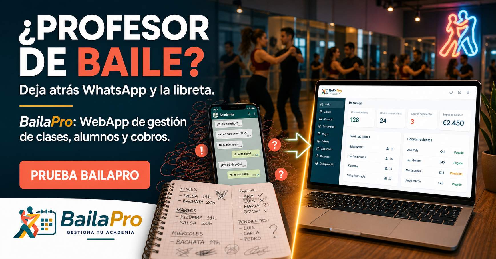 Profesor de clases de baile, das clase en varios sitios, con BailaPro todo organizado