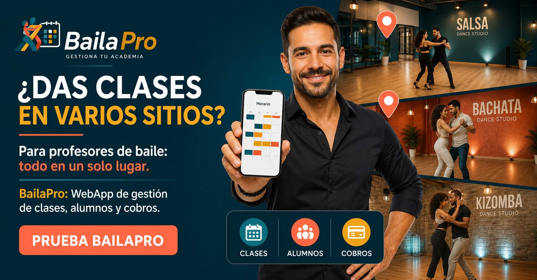 Profesor de clases de baile, das clase en varios sitios, con BailaPro todo organizado